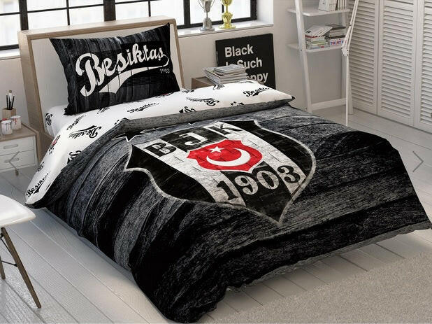 Taç Lisanslı Beşiktaş Arması/Ahşap Tek Kişilik Nevresim Takımı