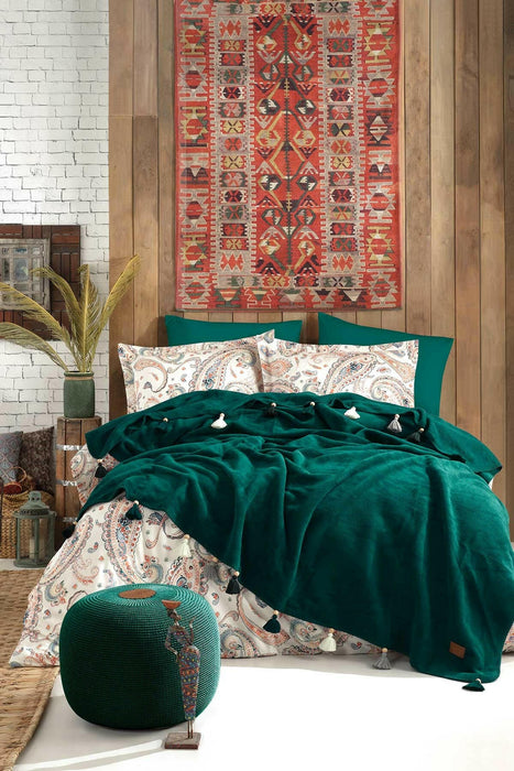 İyi Geceler İstanbul: Boho Chic - 5 Parça Battaniye Nevresim Takımı - Zümrüt Yeşili