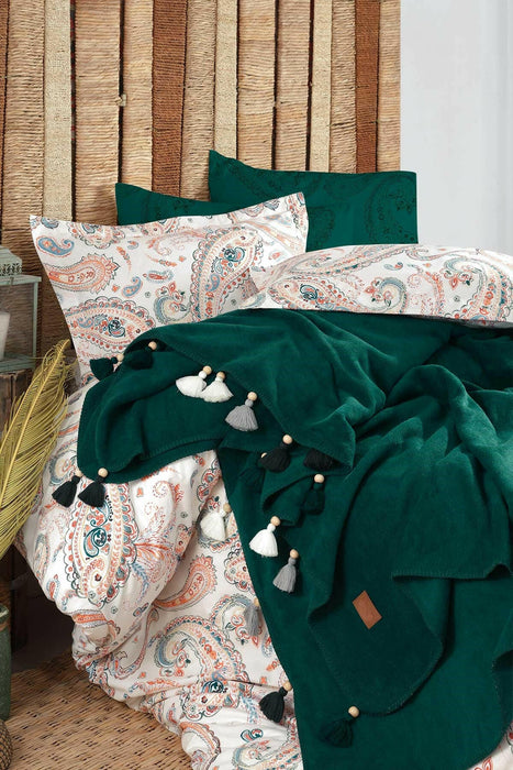 İyi Geceler İstanbul: Boho Chic - 5 Parça Battaniye Nevresim Takımı - Zümrüt Yeşili 