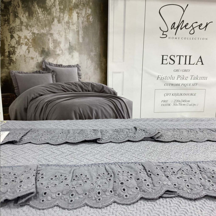 Şaheser Estila Tagesdecken Set 3-tlg mit Rüschen aus 100% Baumwolle