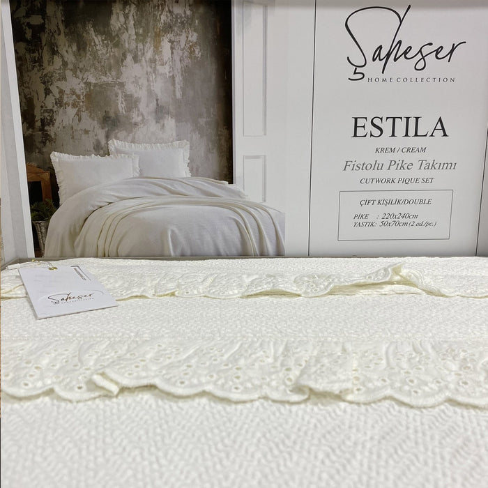 Şaheser Estila Tagesdecken Set 3-tlg mit Rüschen aus 100% Baumwolle